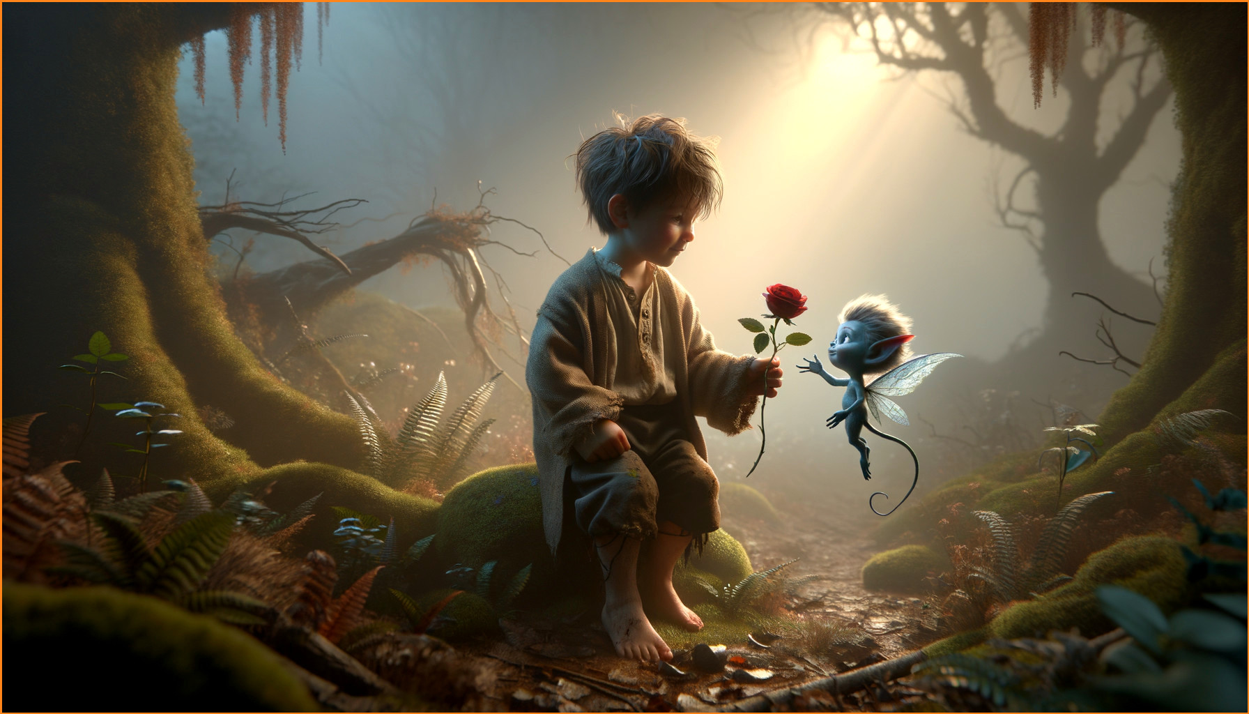 Mystical forest scene with boy and hovering fairy