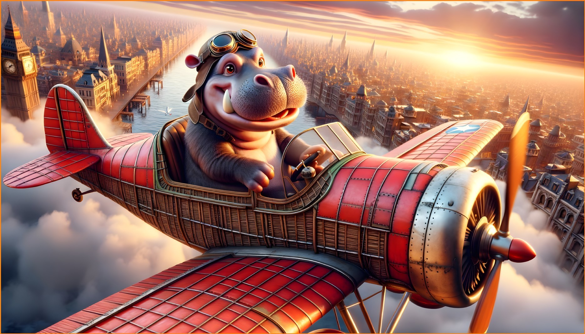 Cheerful hippo in biplane over city at sunrise