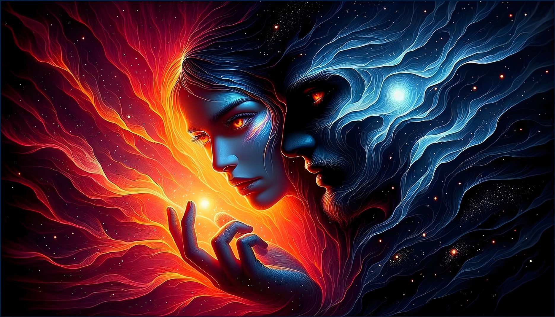 Cosmic Scene of Merging Figures in Vibrant Colors