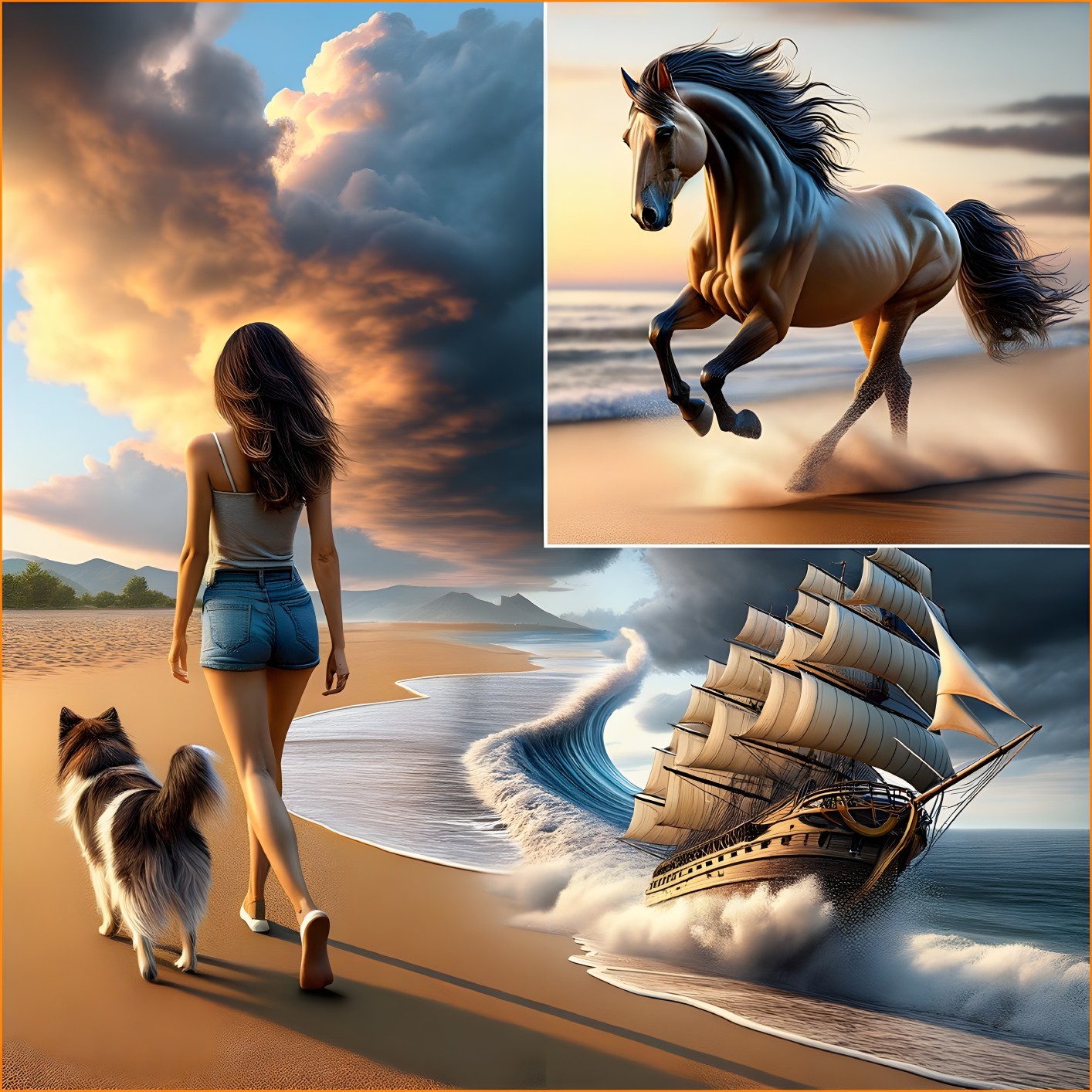Serene Beach Sunset with Dog, Horse, and Sailing Ship