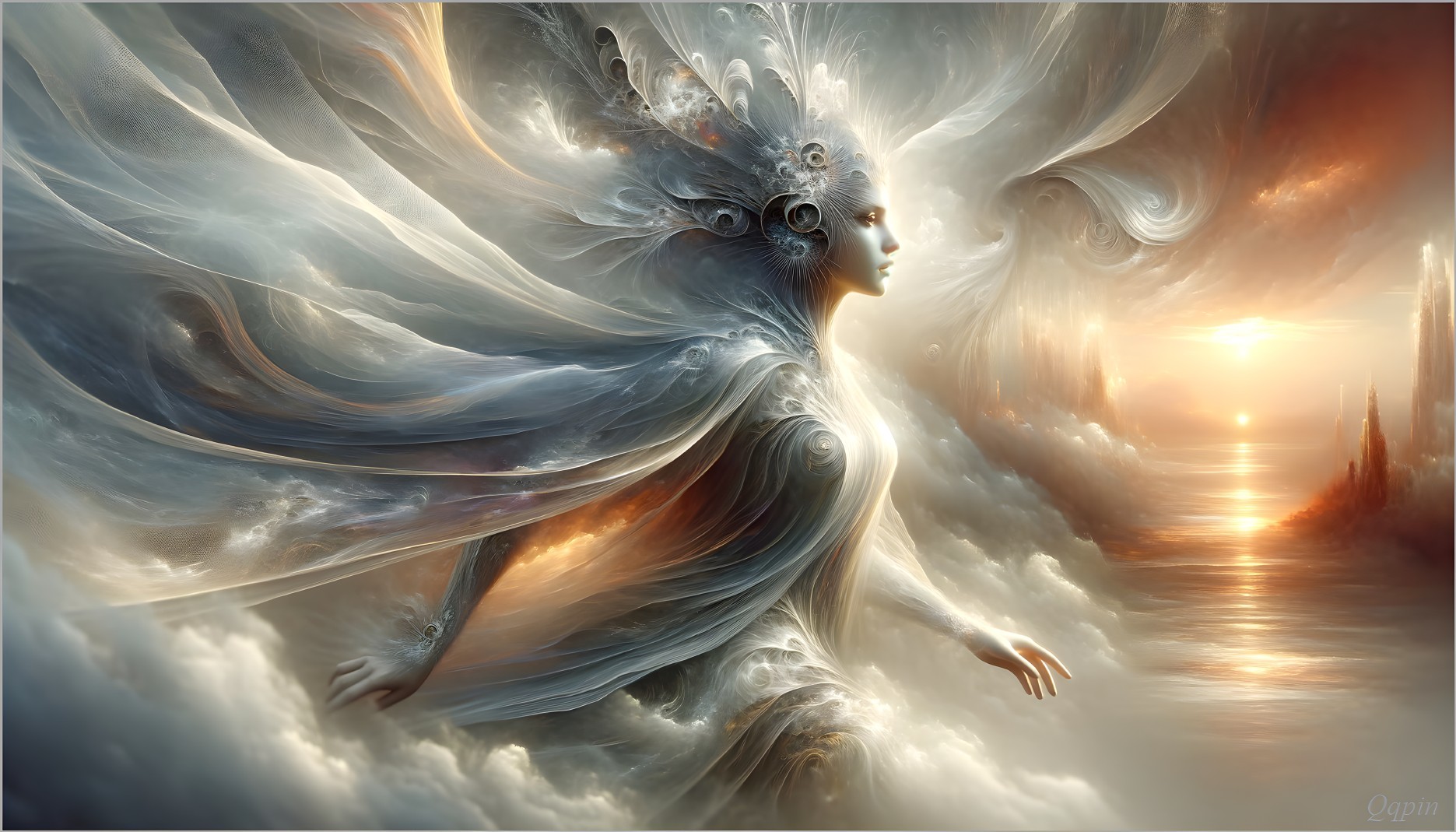 Ethereal Figure in Translucent Garments and Misty Landscape