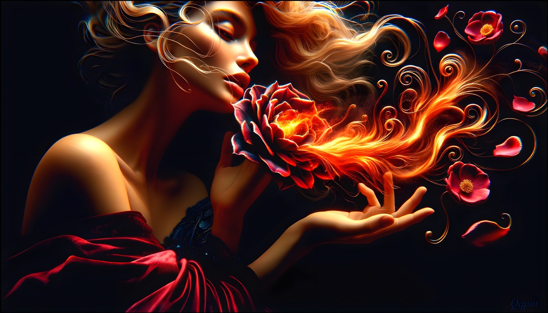 Woman with Flower and Flames in Dark Background