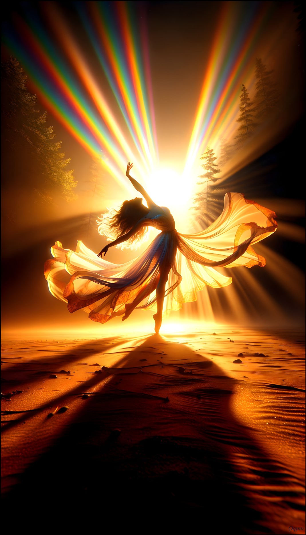 Dancer Twirling in Sunlit Forest with Flowing Dress