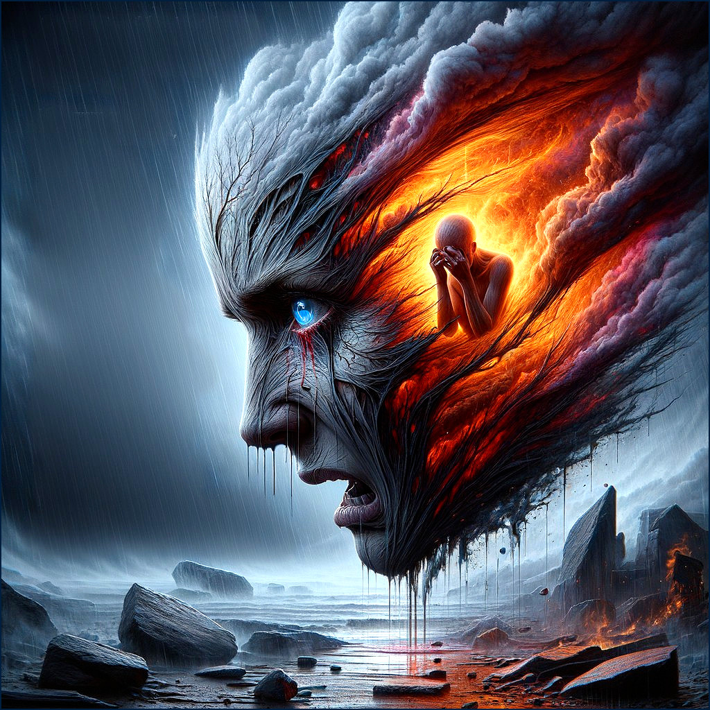Surreal Face in Stormy Landscape with Emotional Elements