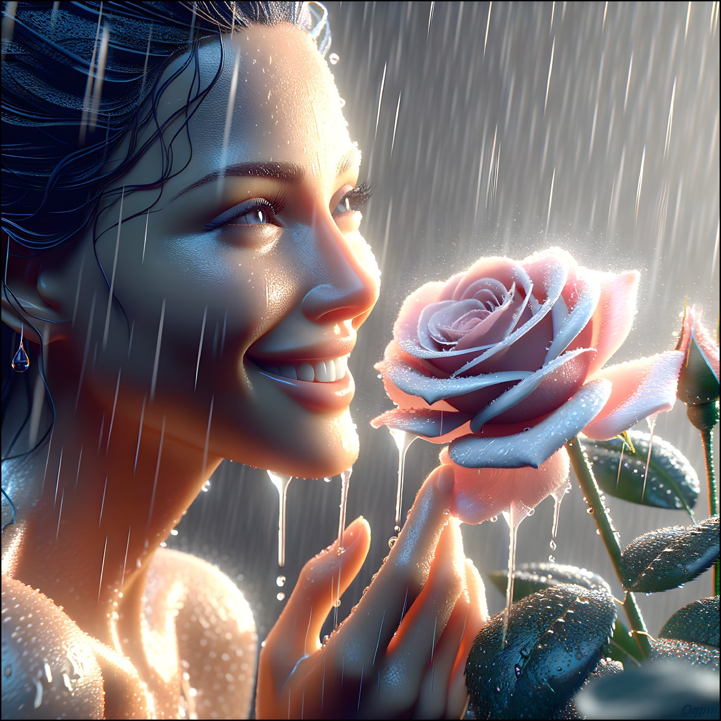 Woman Smiling with Pink Rose in Rainy Atmosphere