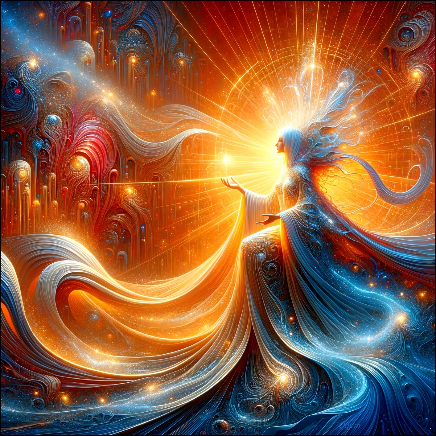 Mystical Figure in Vibrant Colors and Cosmic Landscape