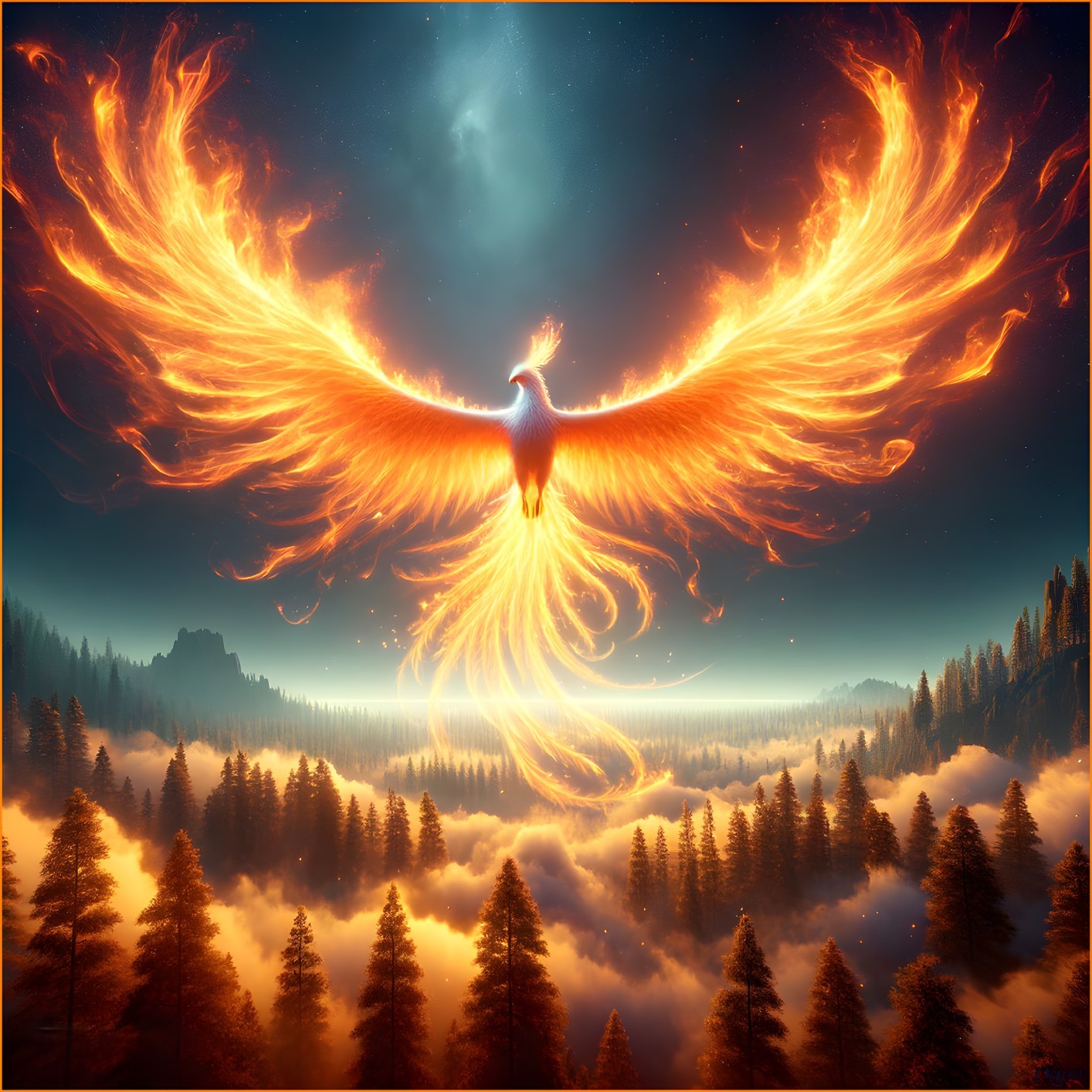 Phoenix in Twilight Sky with Fiery Feathers and Mist
