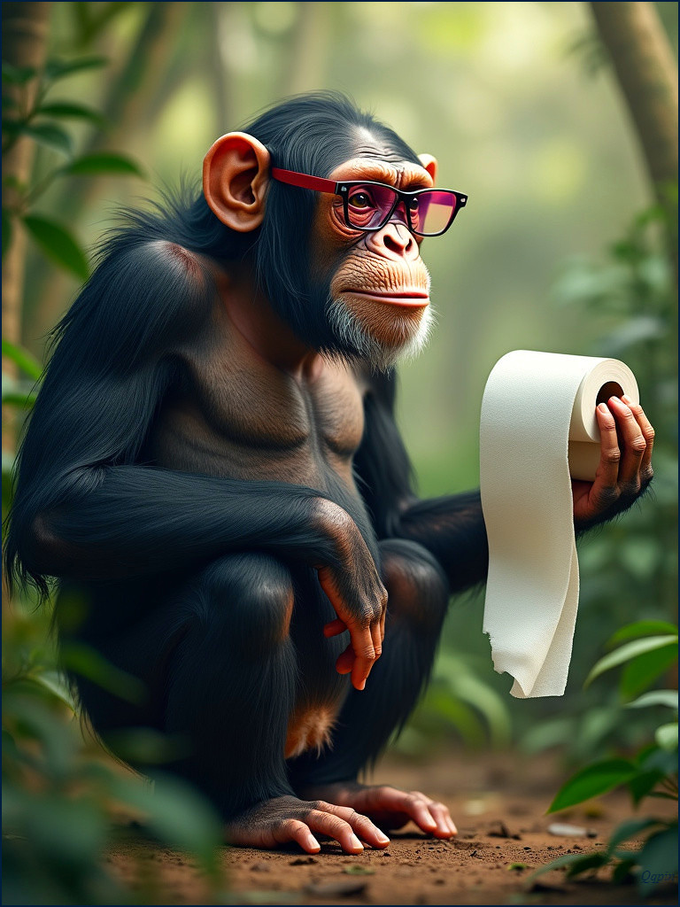 Chimpanzee in Glasses with Toilet Paper in Forest