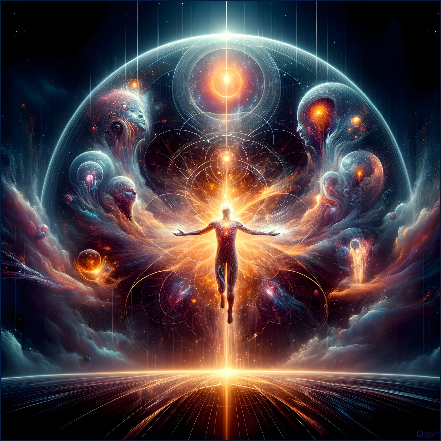 Luminous Figure in a Vibrant Cosmic Scene