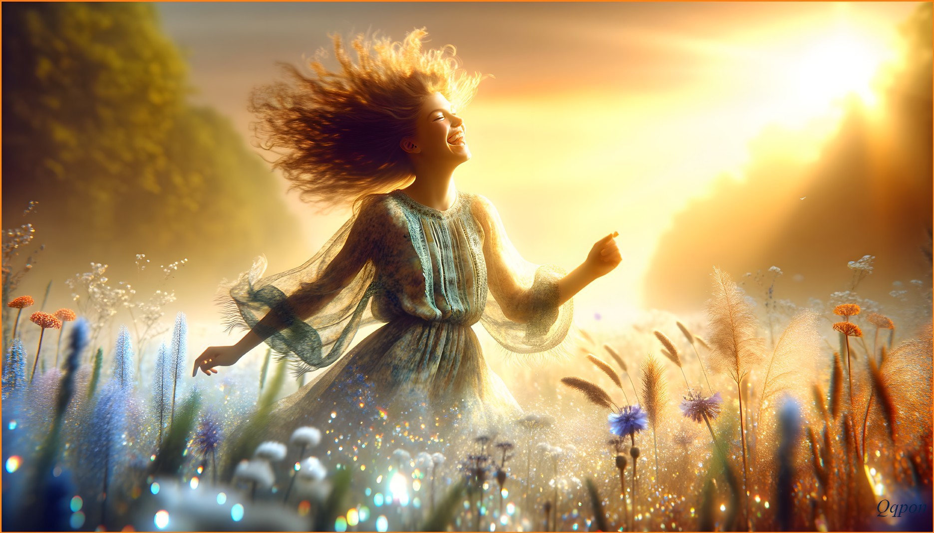 Girl Dancing in Colorful Wildflower Field at Sunset