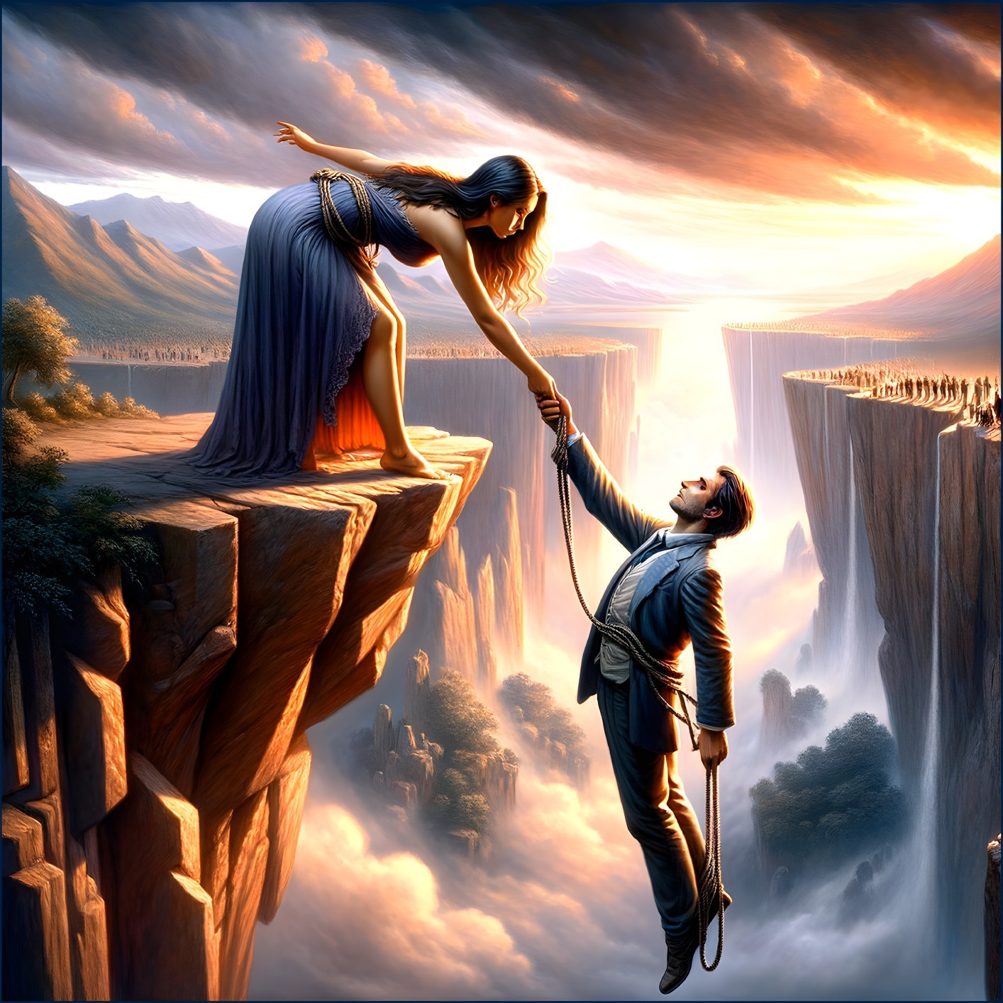 Man in Formal Attire Reaches for Woman on Cliff Edge