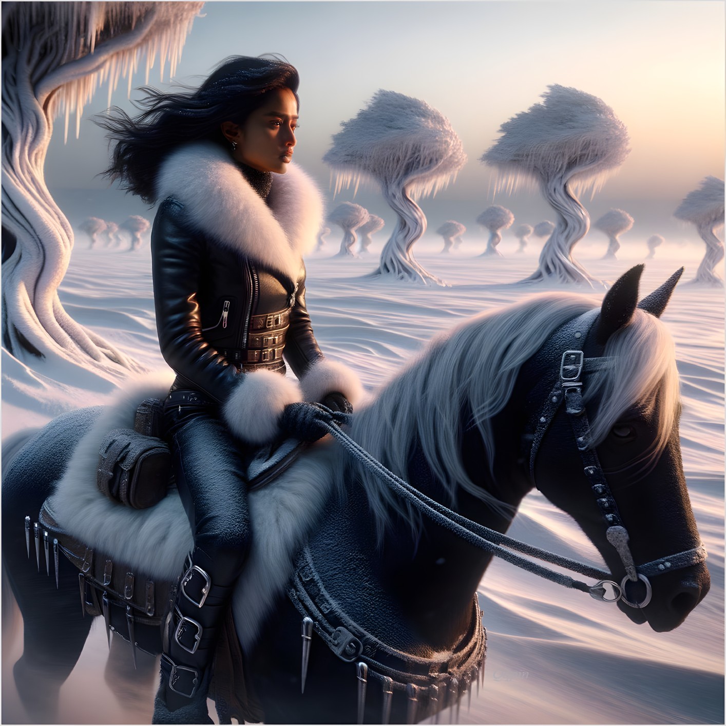 Woman in leather outfit rides horse in wintry landscape