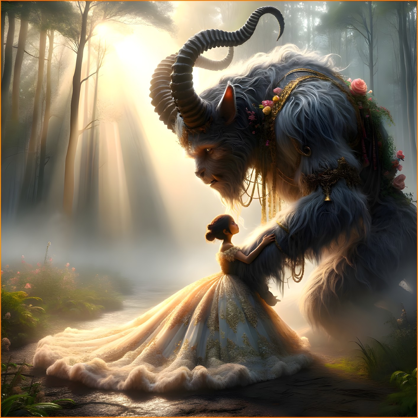 Gentle Giant and Young Girl in Mystical Forest Scene
