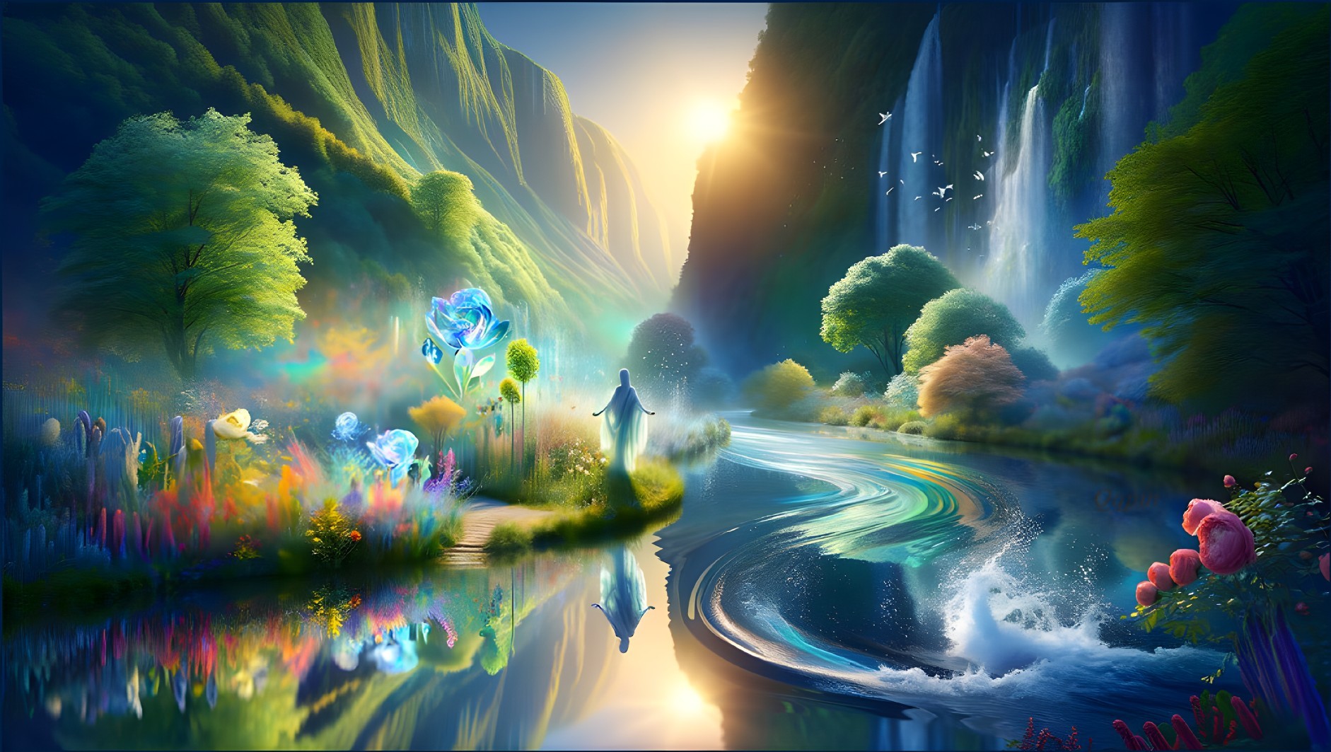 Serene Vibrant Landscape with River and Waterfalls