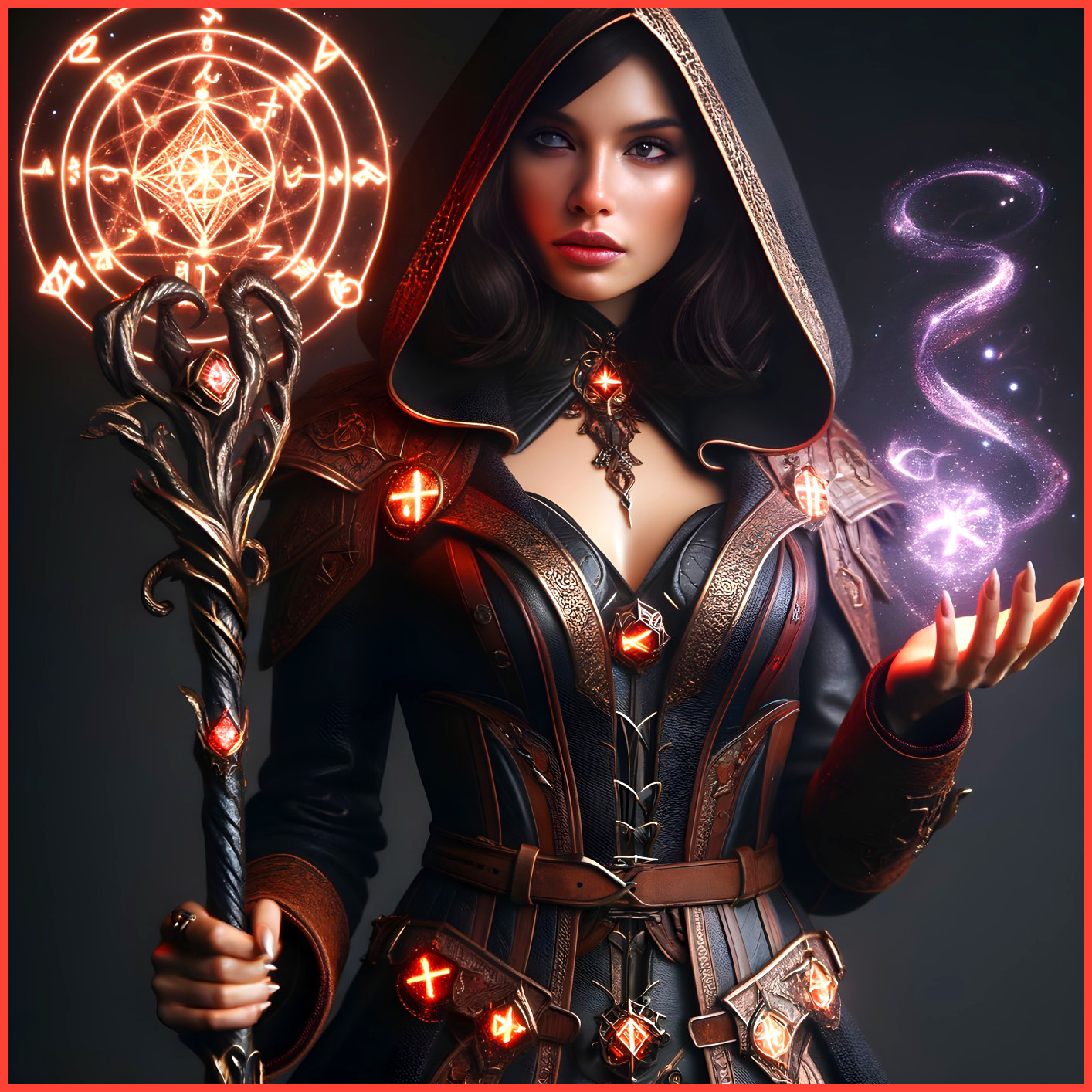 Mysterious Sorceress in Dark Robe with Magic Symbols