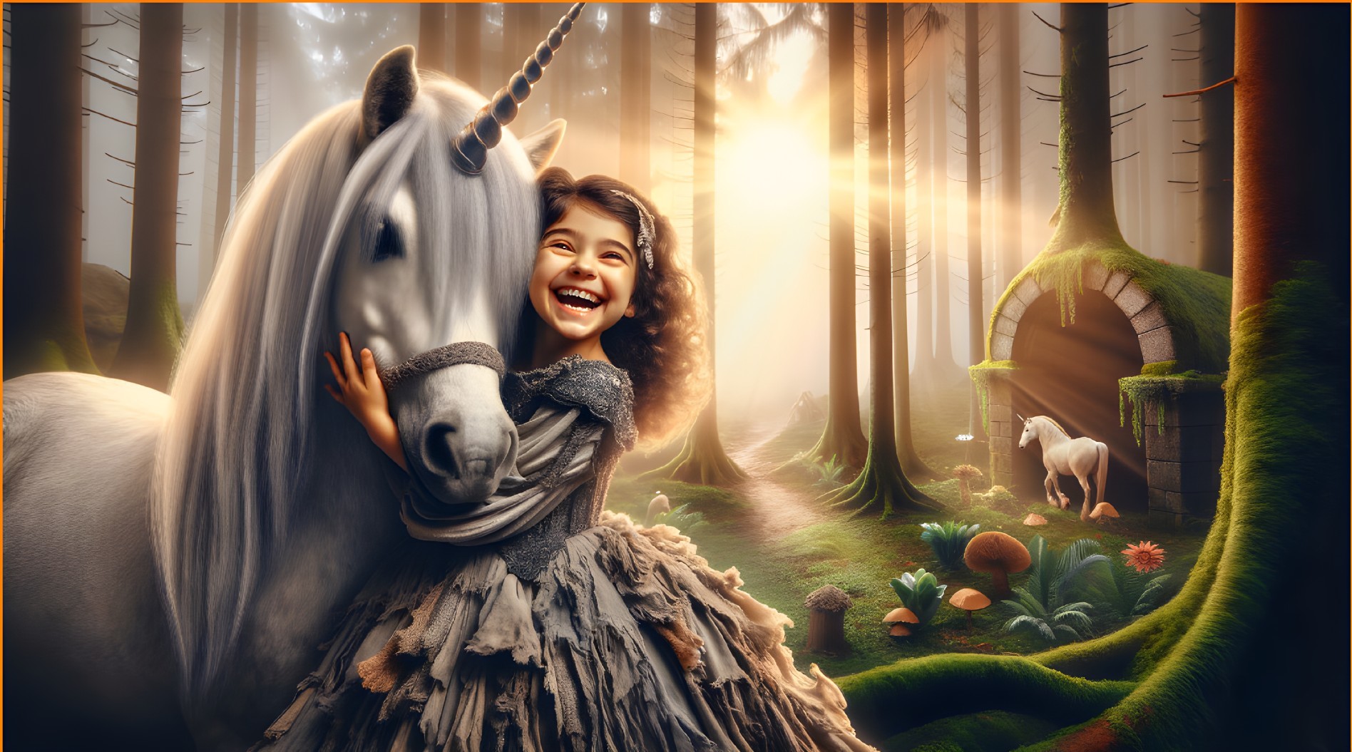 Joyful Girl with Unicorn in Enchanting Forest Setting