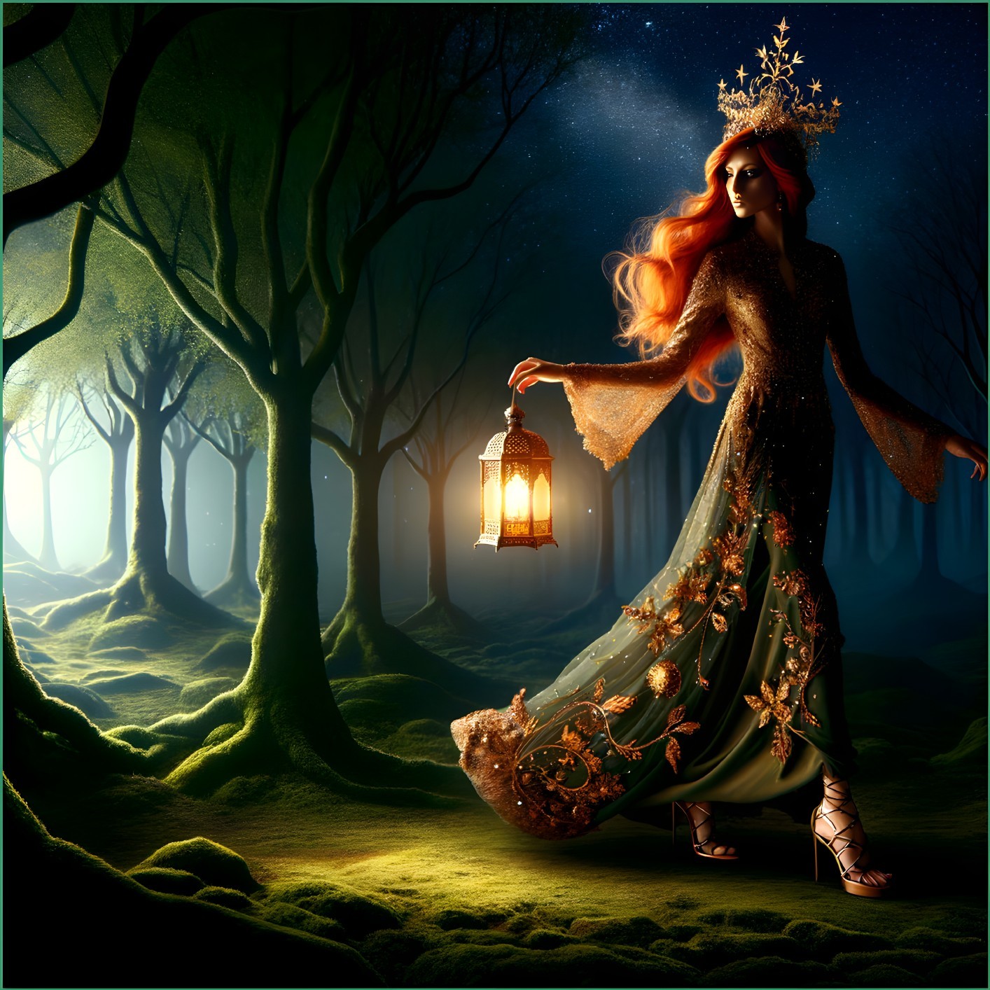 Moonlit Mystique: The Enigmatic Red-Haired Wanderer