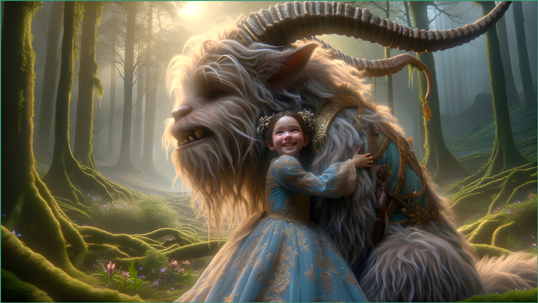 Magical Forest Scene with Girl and Mythical Creature