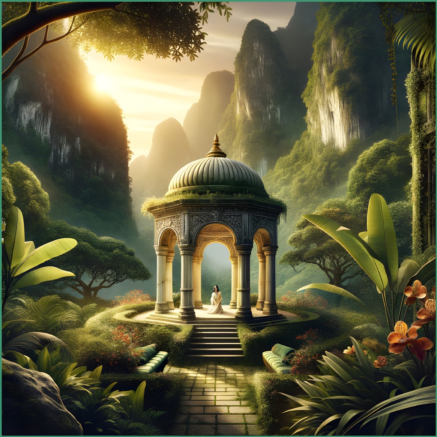 Serene garden with gazebo and vibrant flowers