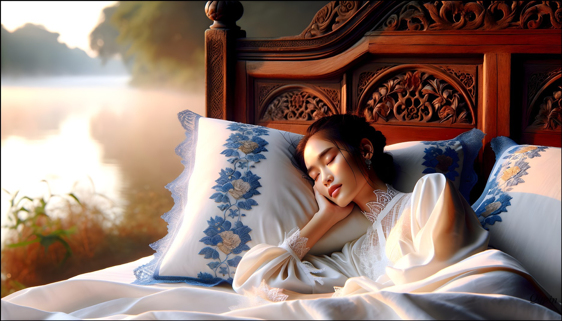 Serene Scene of a Young Woman Sleeping in Morning Light