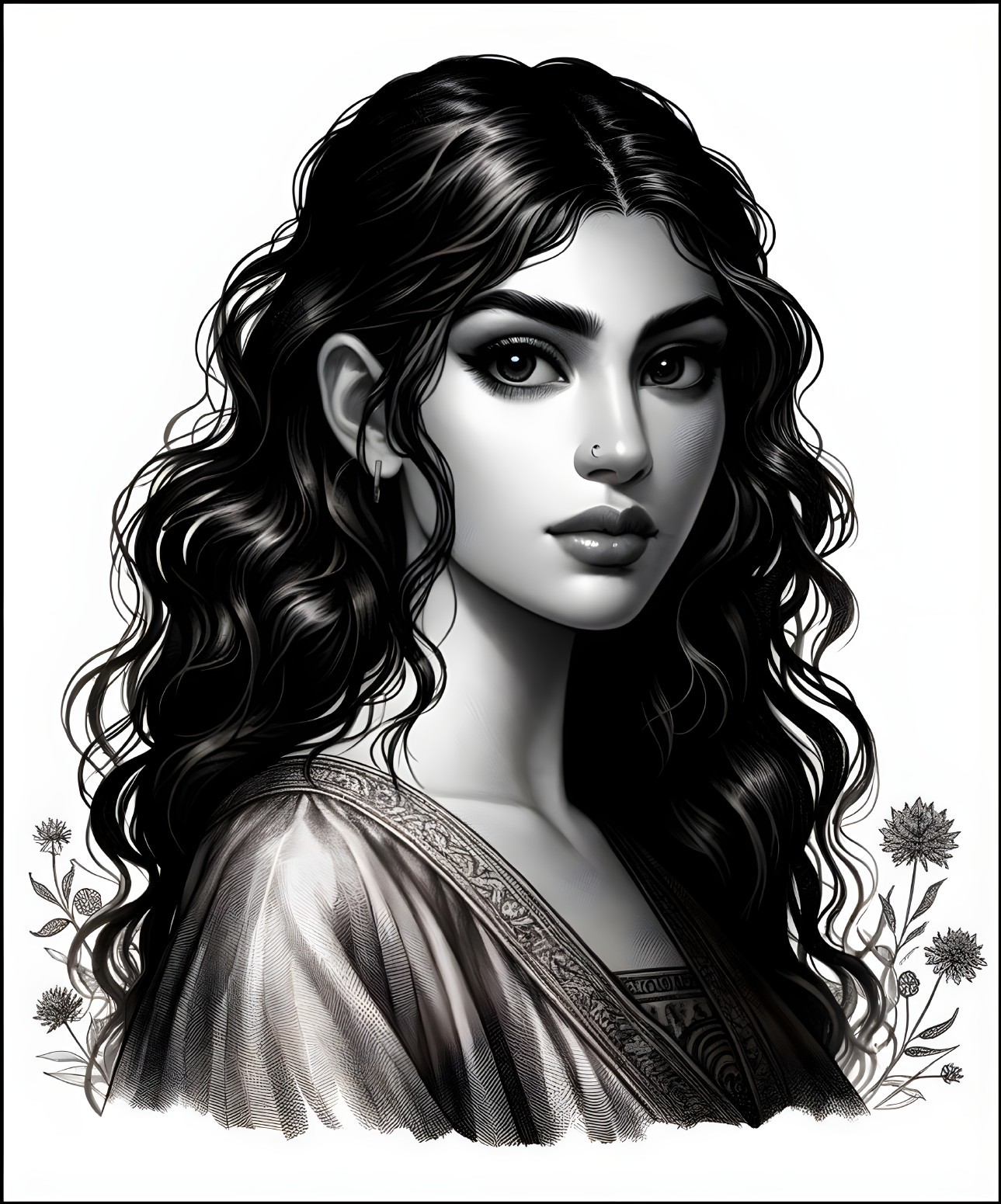Monochrome Portrait of a Young Woman with Floral Motifs