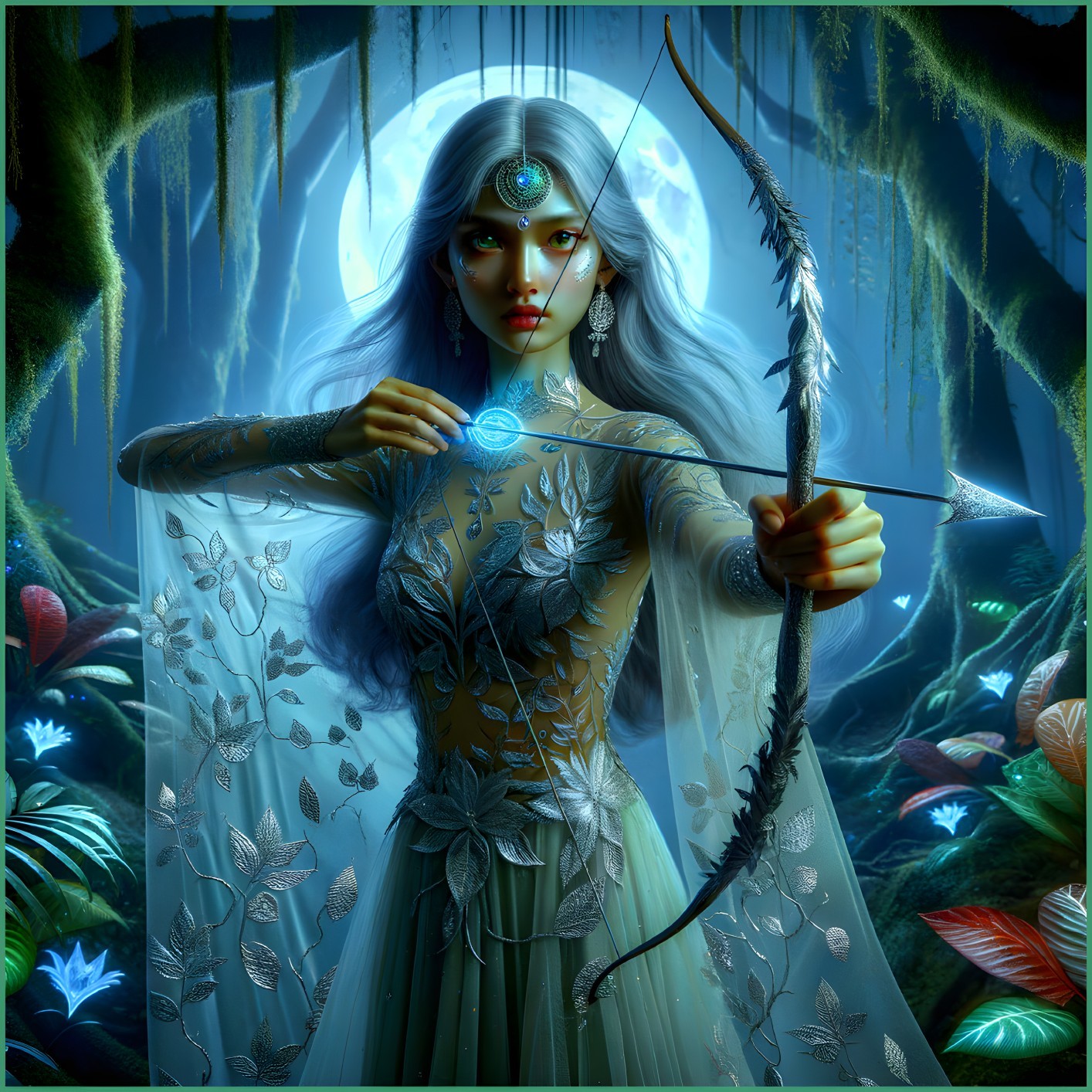 Mystical figure with bow under a full moon in forest