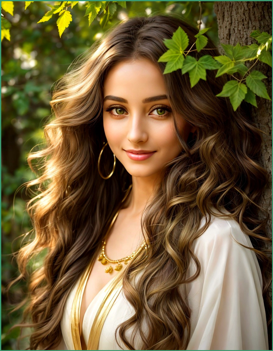 Young woman in flowing garment amidst lush greenery