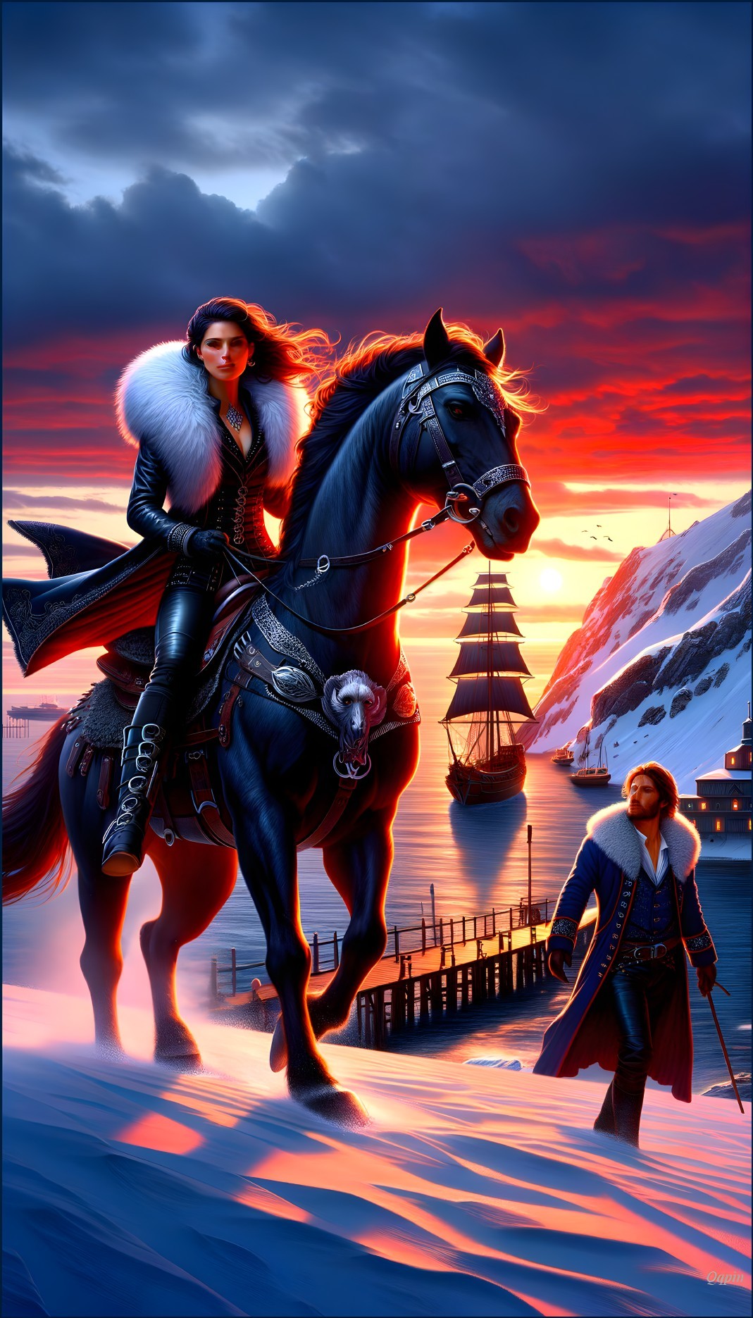 Dramatic Sunset Scene with Woman on Horse and Man