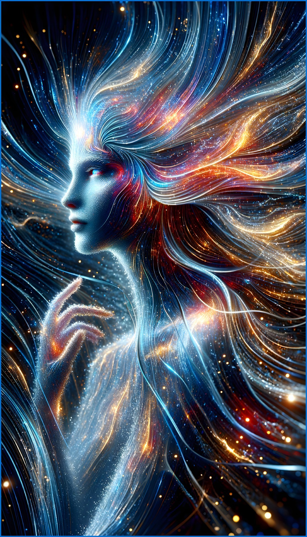Ethereal Figure with Cosmic Hair and Starry Background