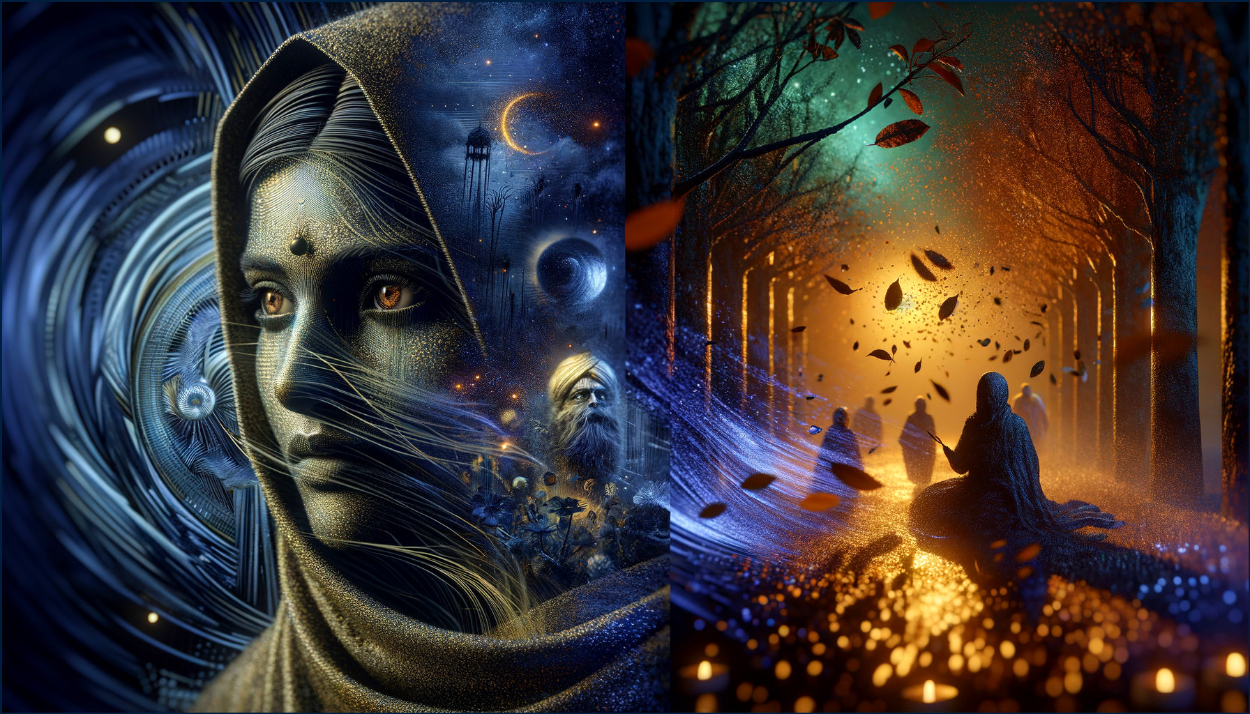 Mystical Female Face and Serene Forest Path Composition