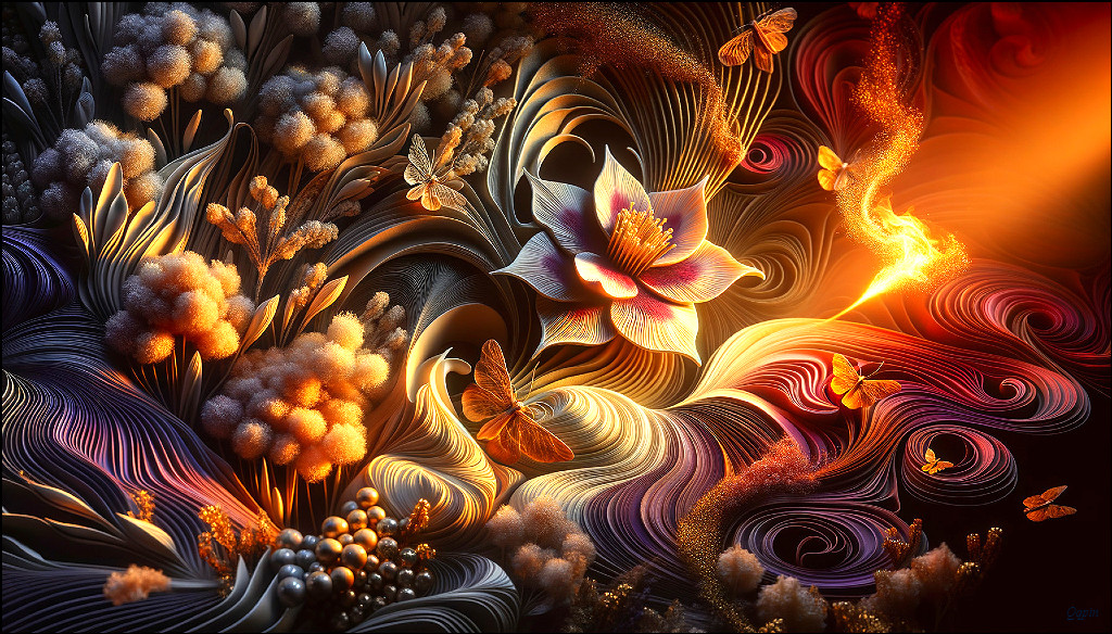 Abstract Floral Scene with Lotus and Butterflies