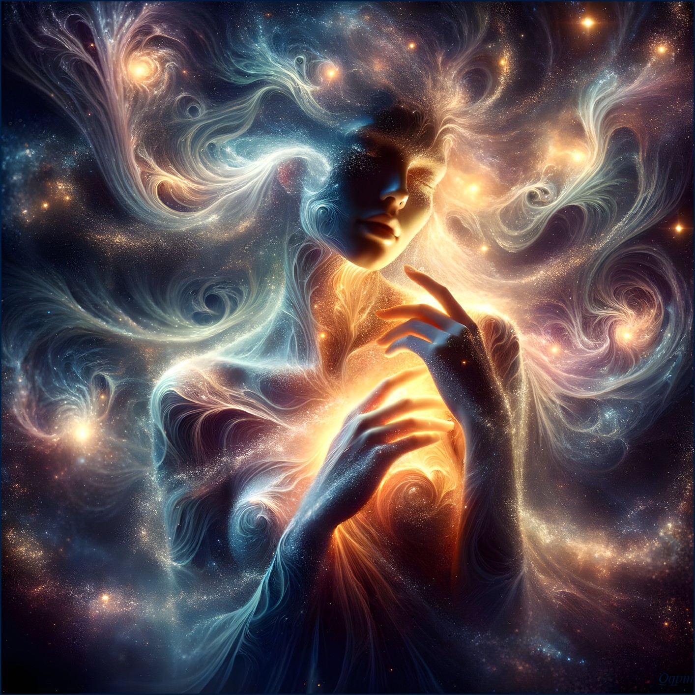 Cosmic Figure Surrounded by Vibrant Colors and Stars