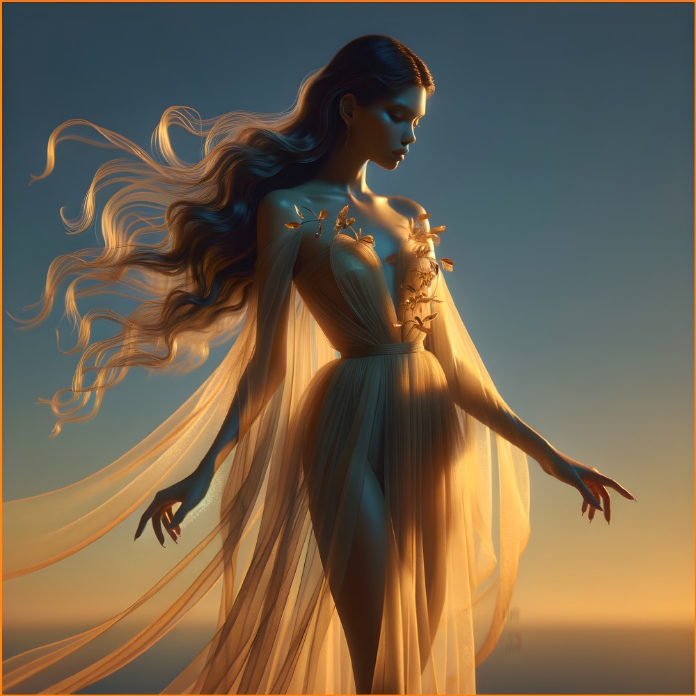 Ethereal Figure in Translucent Fabric at Sunset