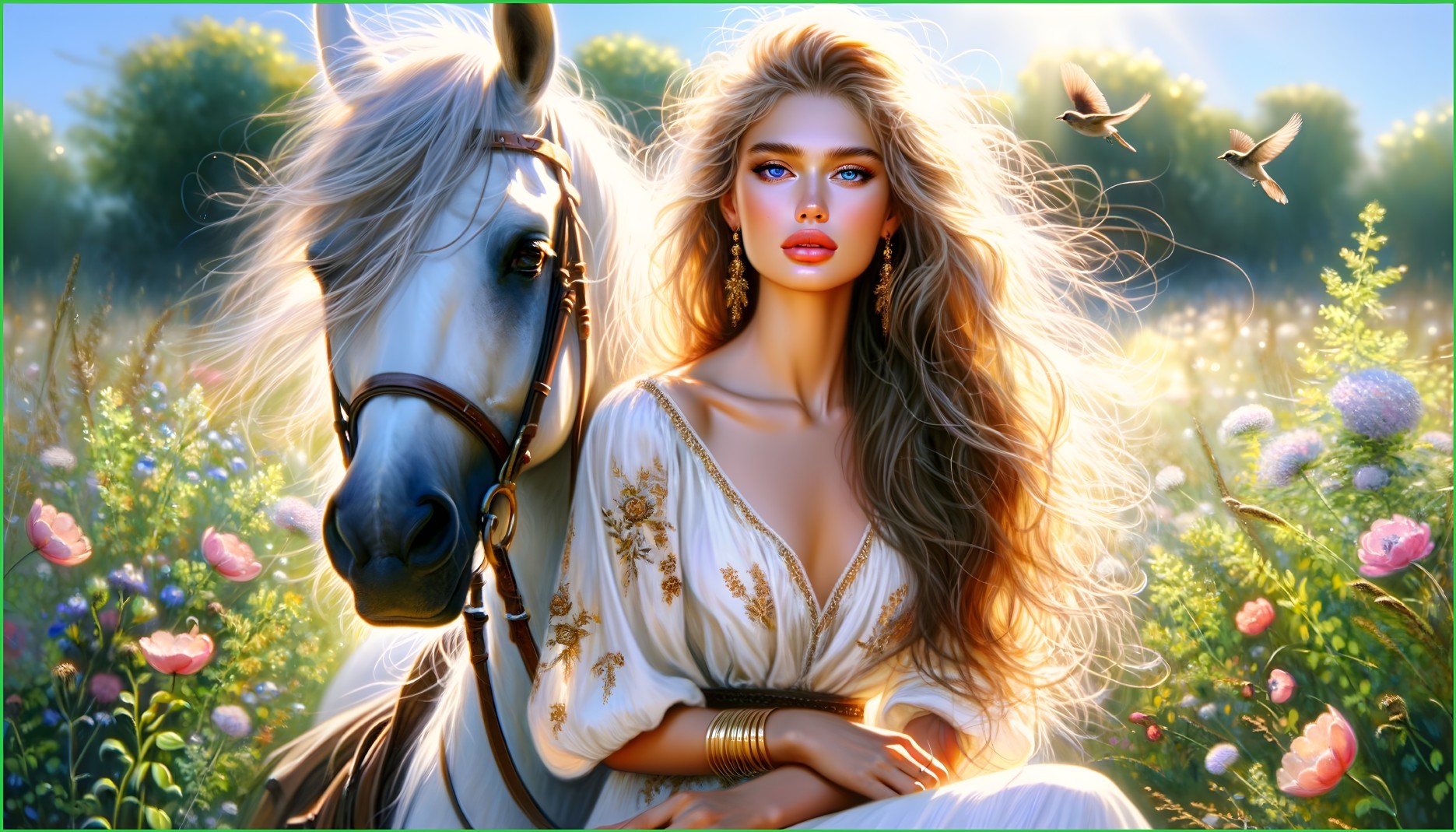 Ethereal Scene of Woman and White Horse in Nature