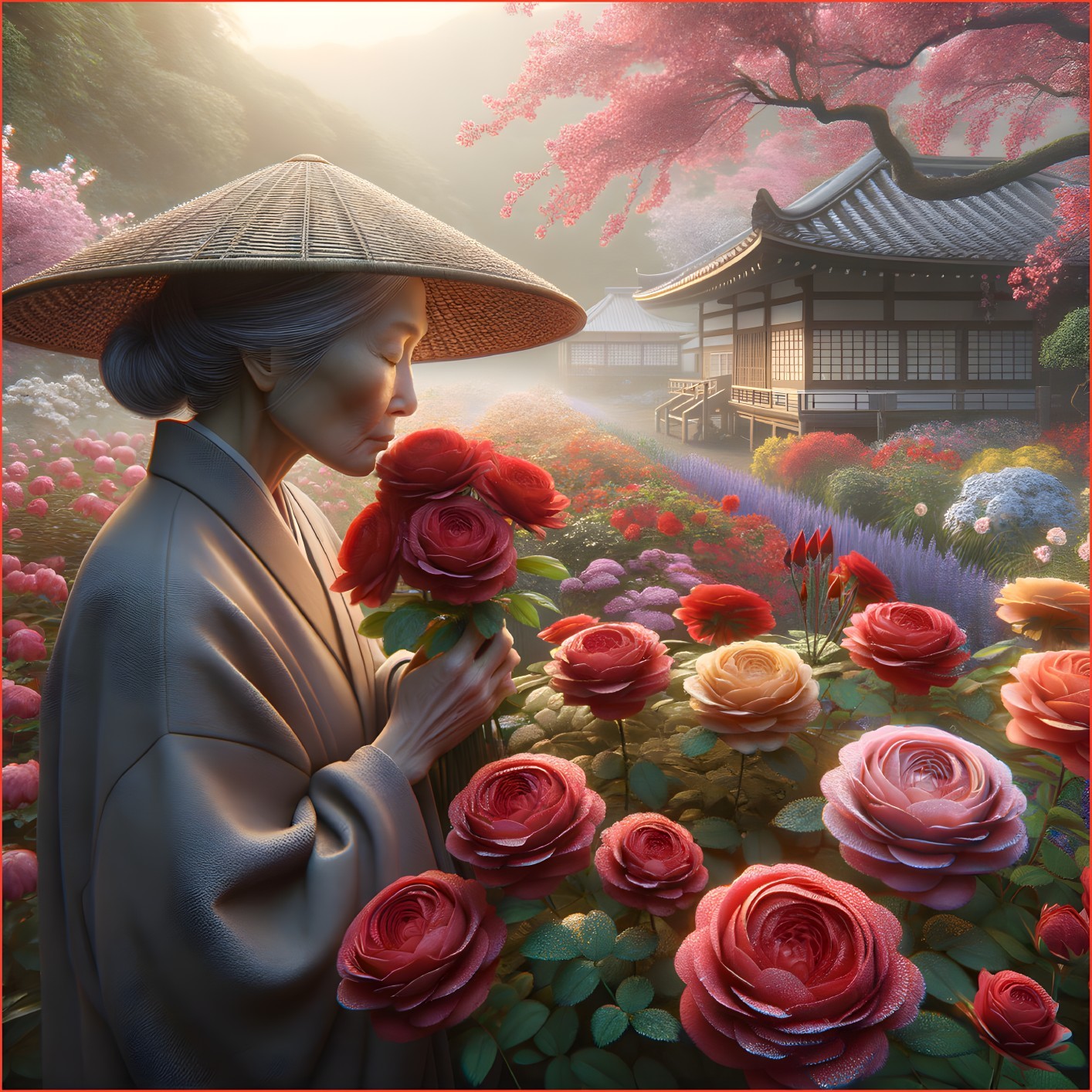 Woman in Kimono with Roses in Serene Garden