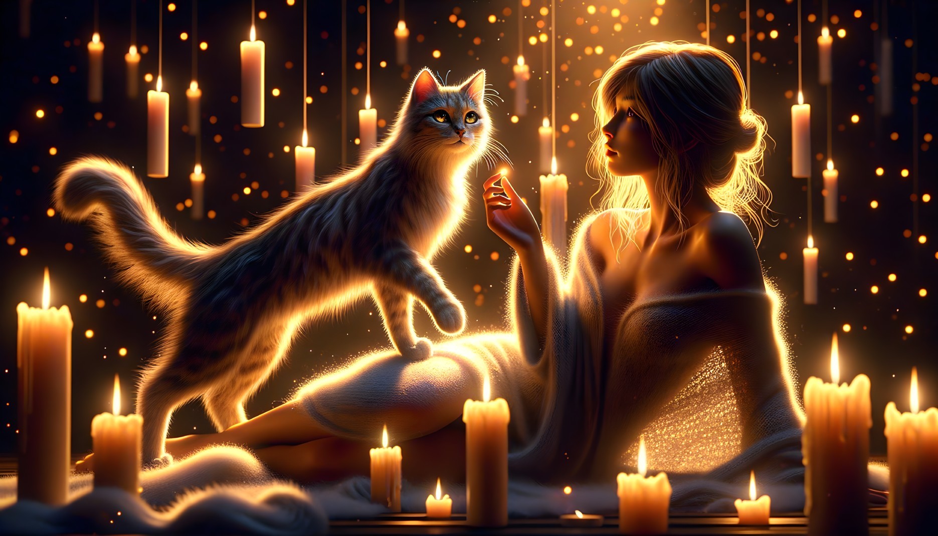 Candlelit Scene of Woman and Cat in Cozy Atmosphere