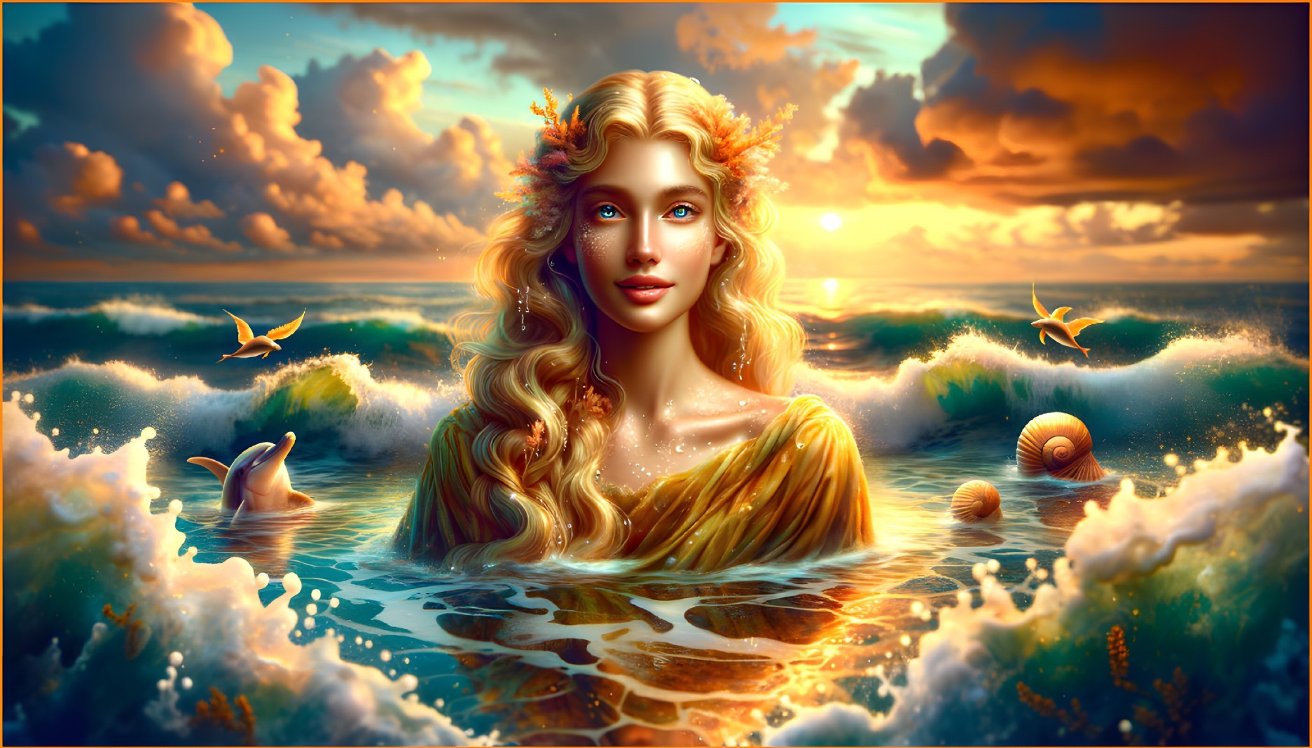 Serene Woman with Golden Hair by Vibrant Ocean Waves