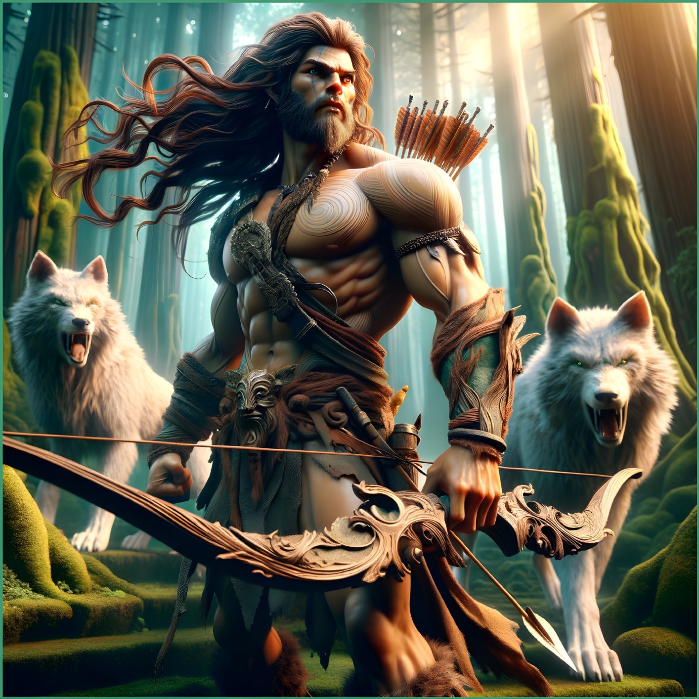 Muscular Warrior with Bow in Mystical Forest Setting