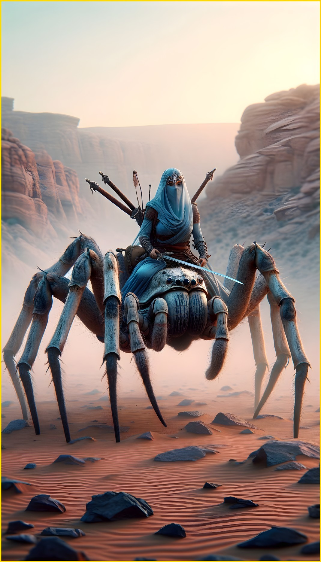 Mechanical Spider in Desert with Mysterious Figure