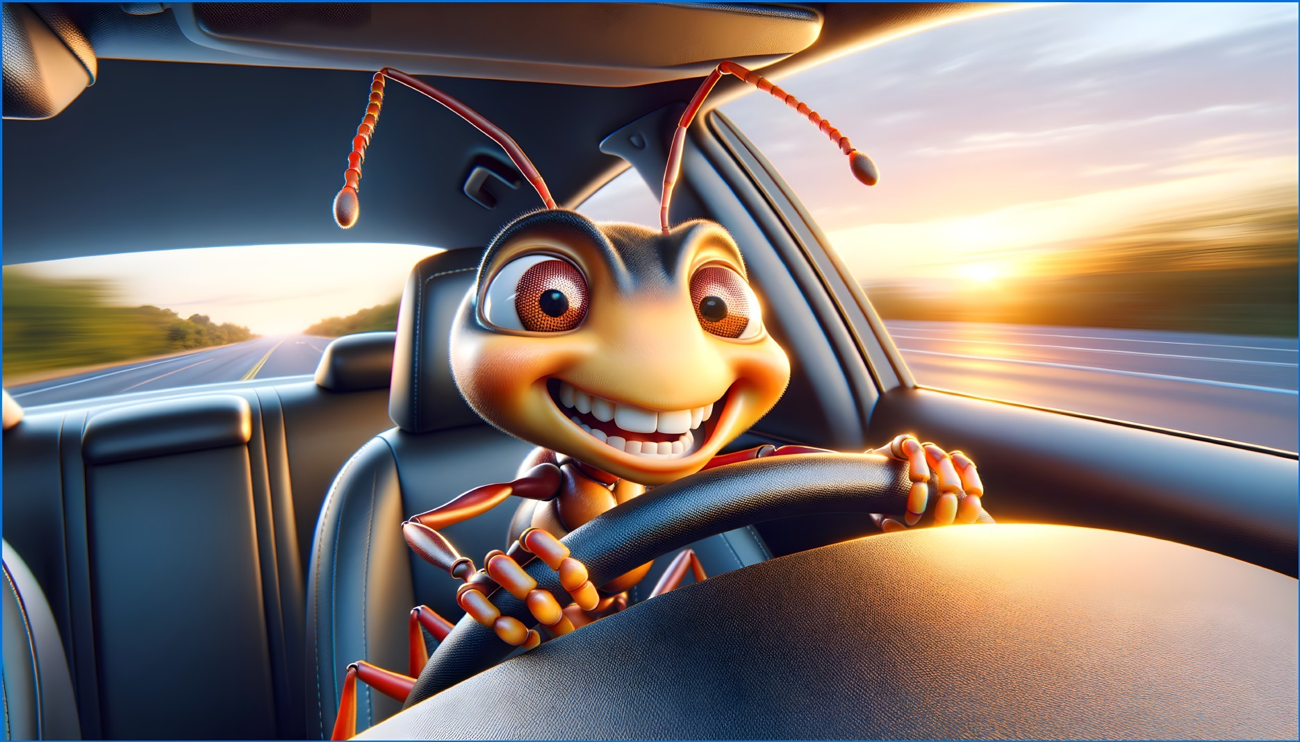 Cartoon Ant Driving a Car on a Sunlit Road