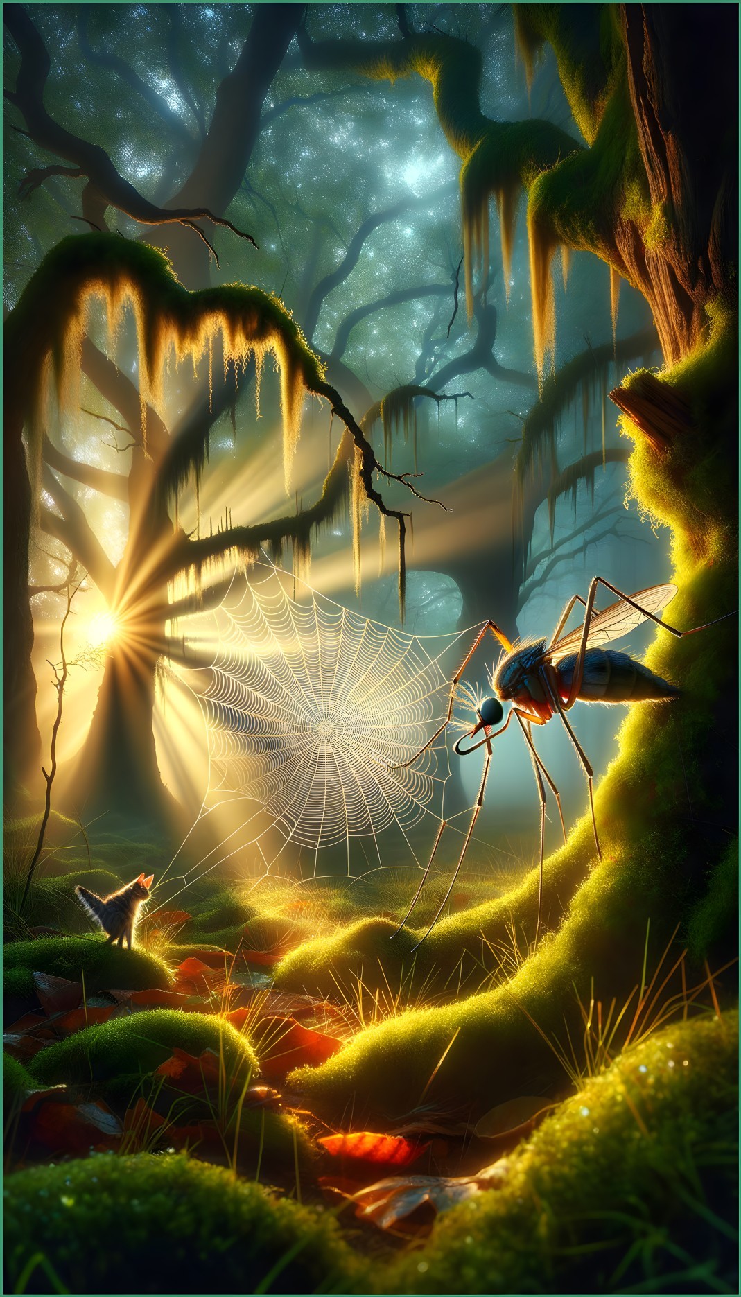Mystical Forest Scene with Spider Web and Insect