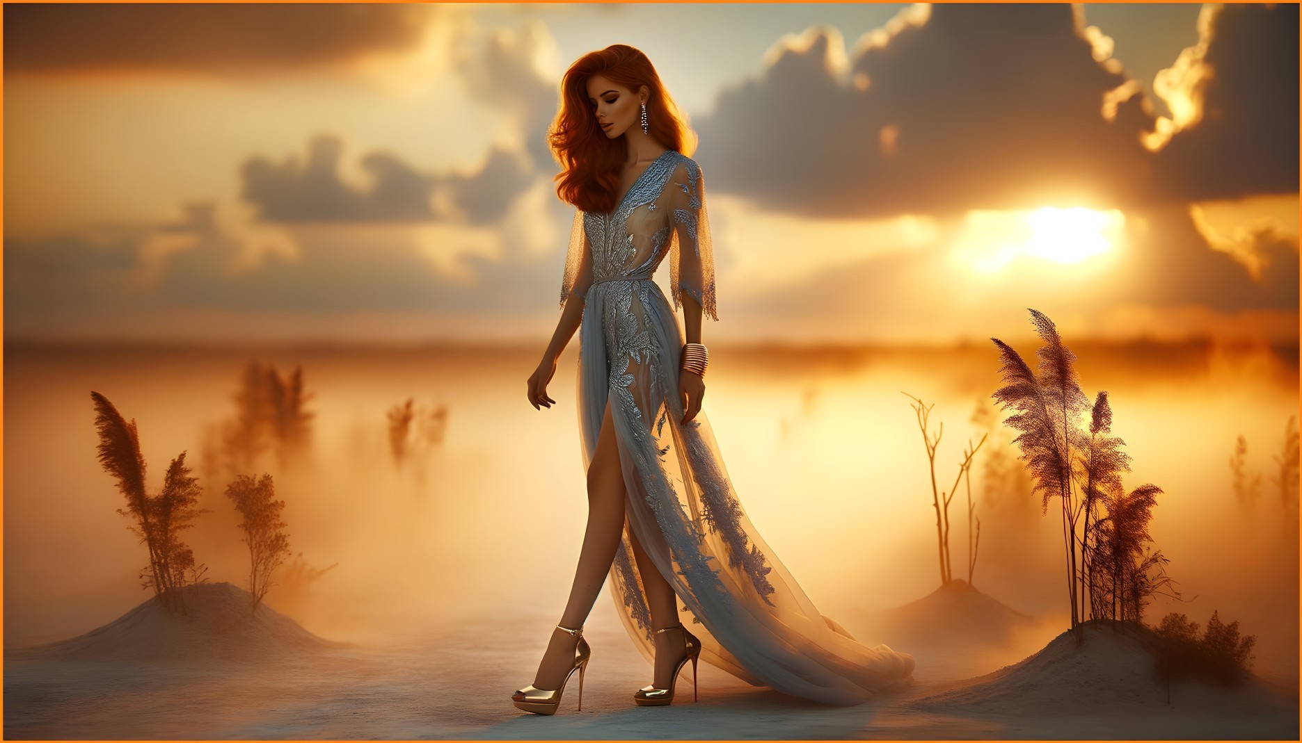 Elegant Figure in Misty Landscape at Sunset