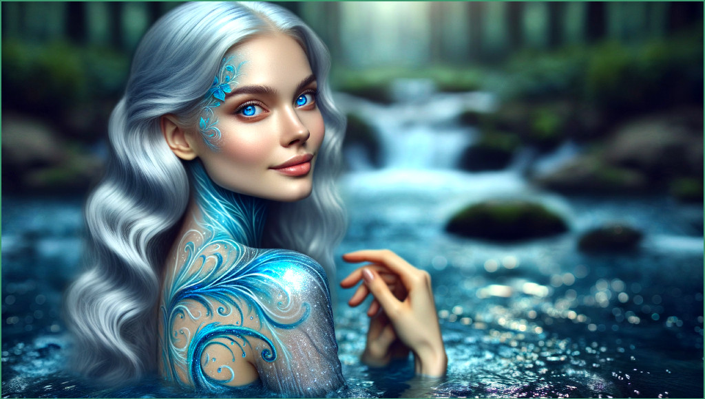 Serene figure with silver hair in tranquil water setting