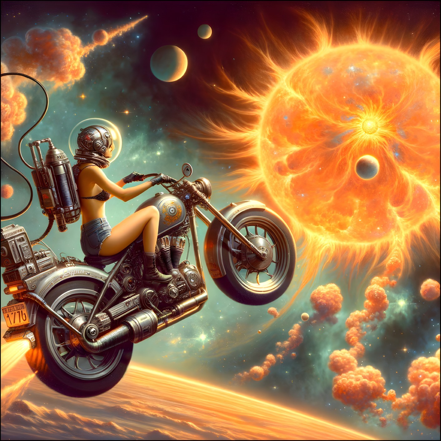Futuristic Woman on Motorcycle in Space Scene