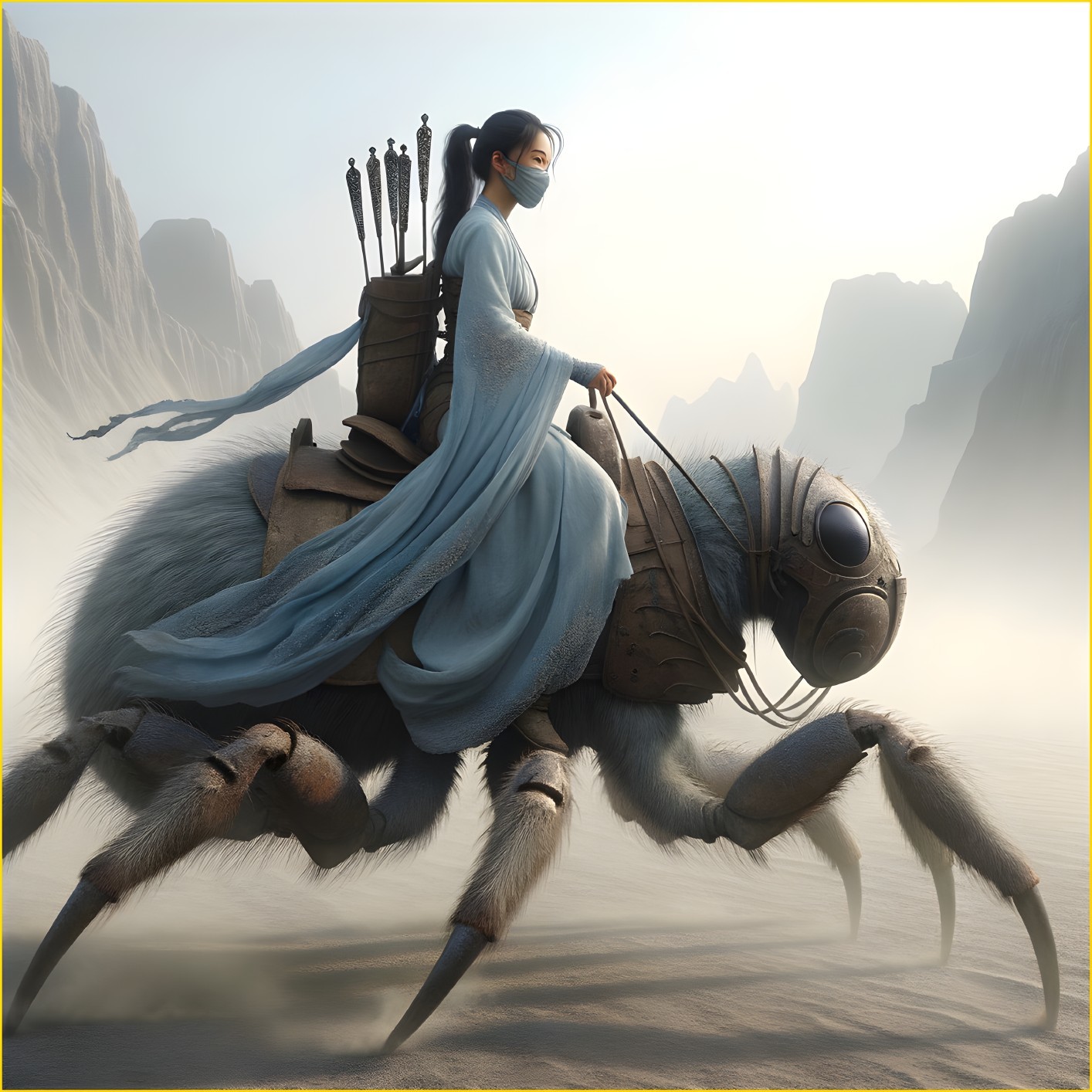 Serene Rider on Mechanical Spider in Misty Desert