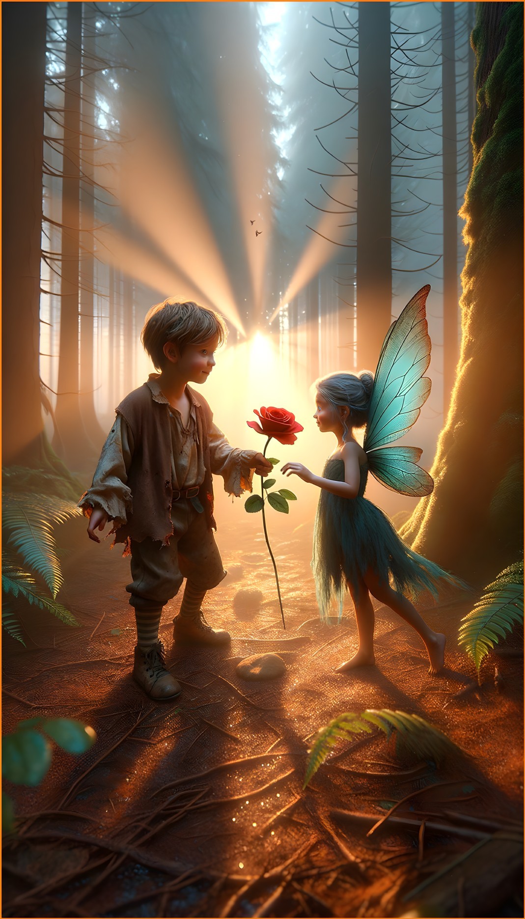 Young boy and fairy in a magical forest scene