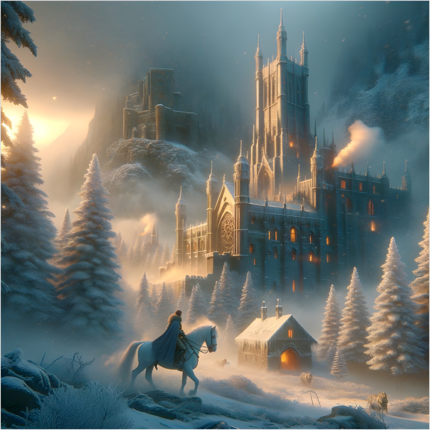 Majestic Castle in a Snowy Winter Wonderland Scene