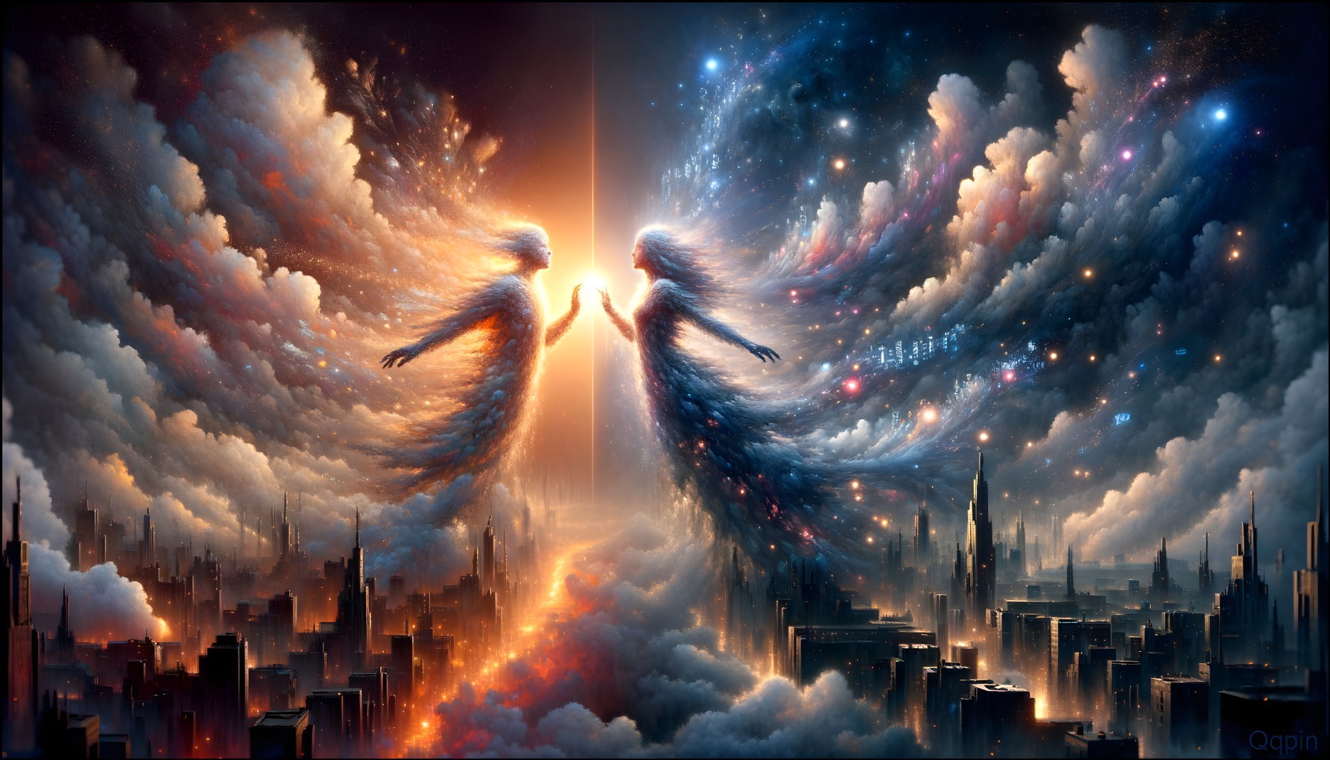 Ethereal Figures in Cosmic Urban Harmony Scene