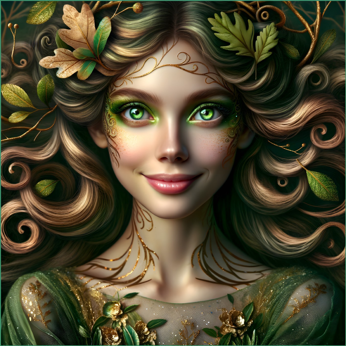 Young Woman in Ethereal Green Gown with Nature Accents