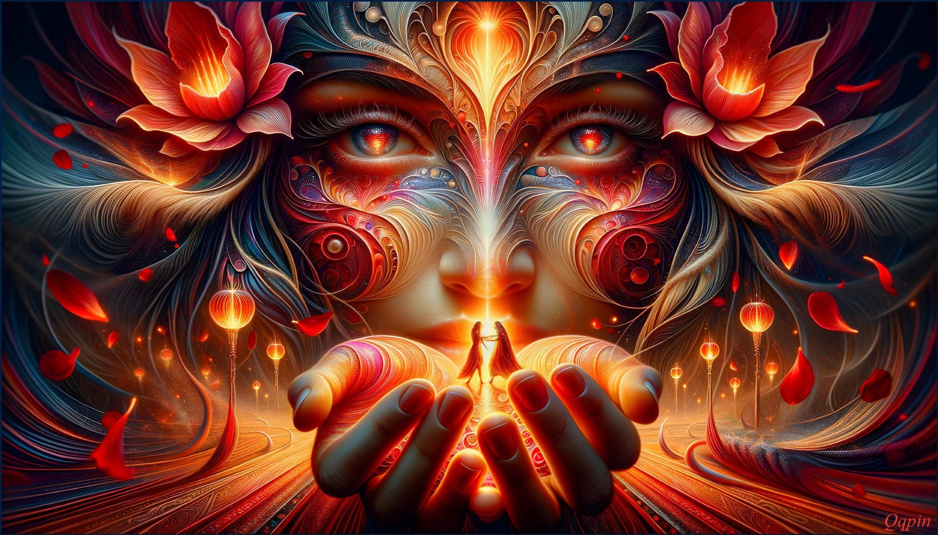 Intricate Face Surrounded by Vibrant Patterns and Symbols